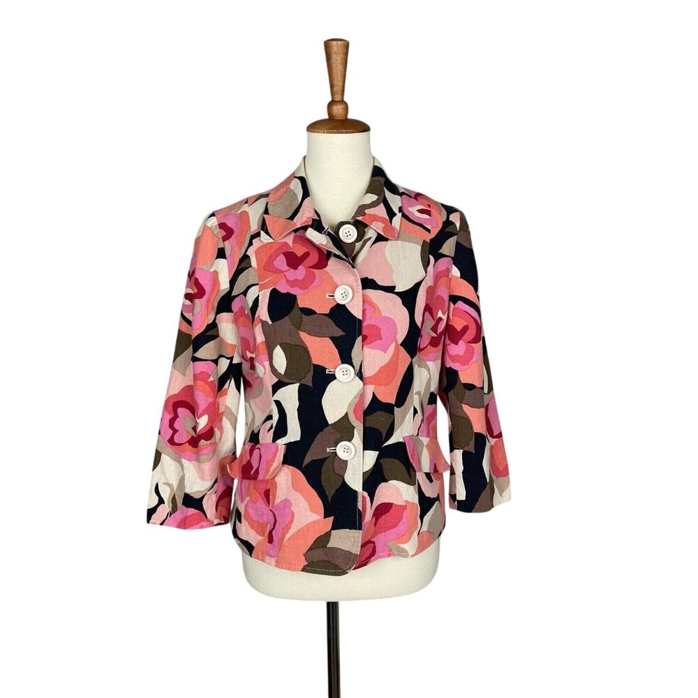 Kasper And Company Linen Blend 3/4 Sleeve Jacket Fully Lined Womens 10 Floral